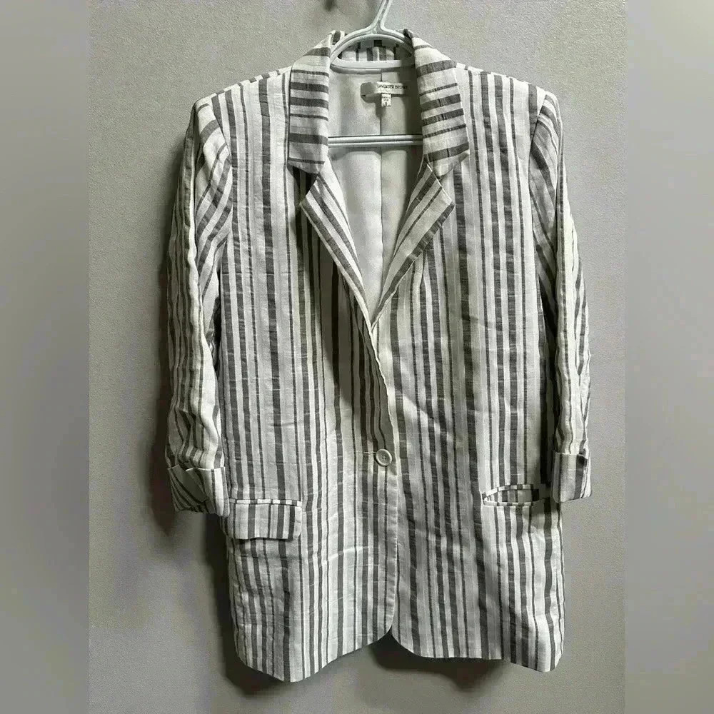 Lavender Brown White & Grey‎ Striped Linen Lightweight Blazer Coastal Cozy